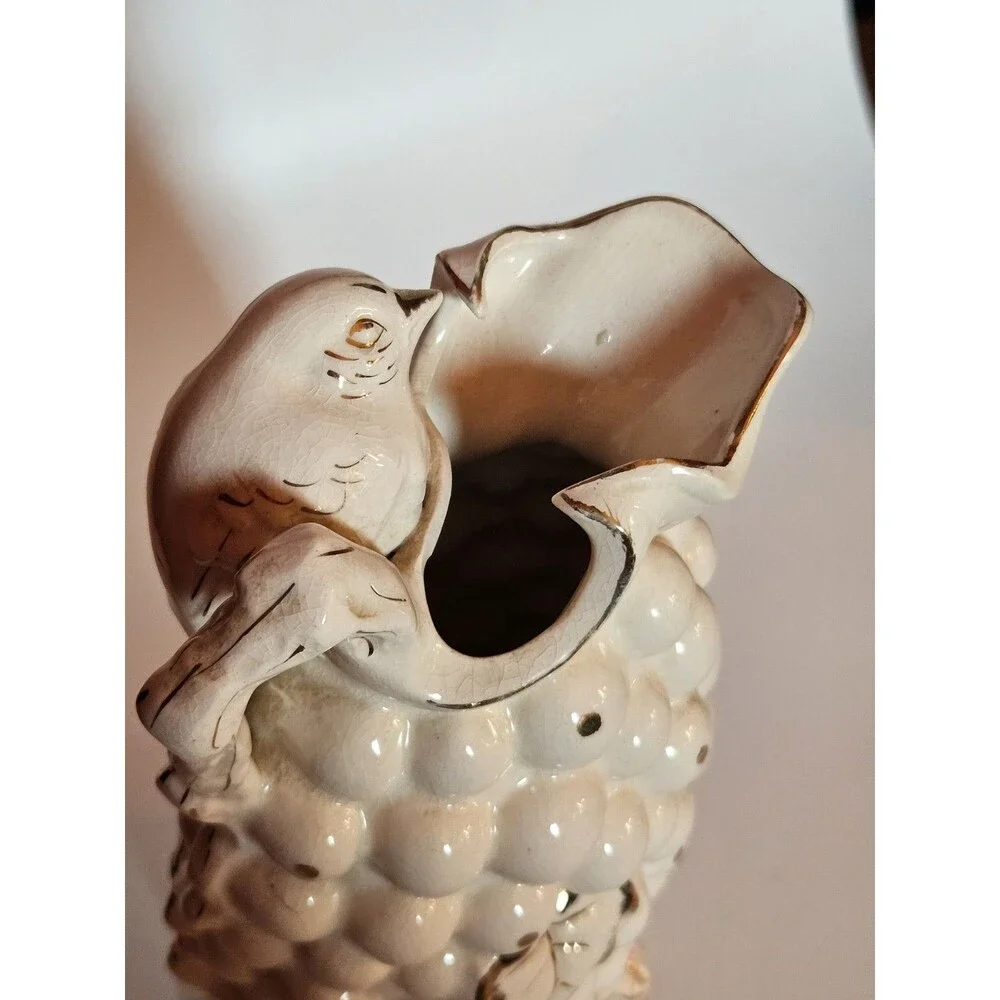 Vintage Gold White Tilso Japan Bird Grape Fruit Ceramic Pitcher Urn